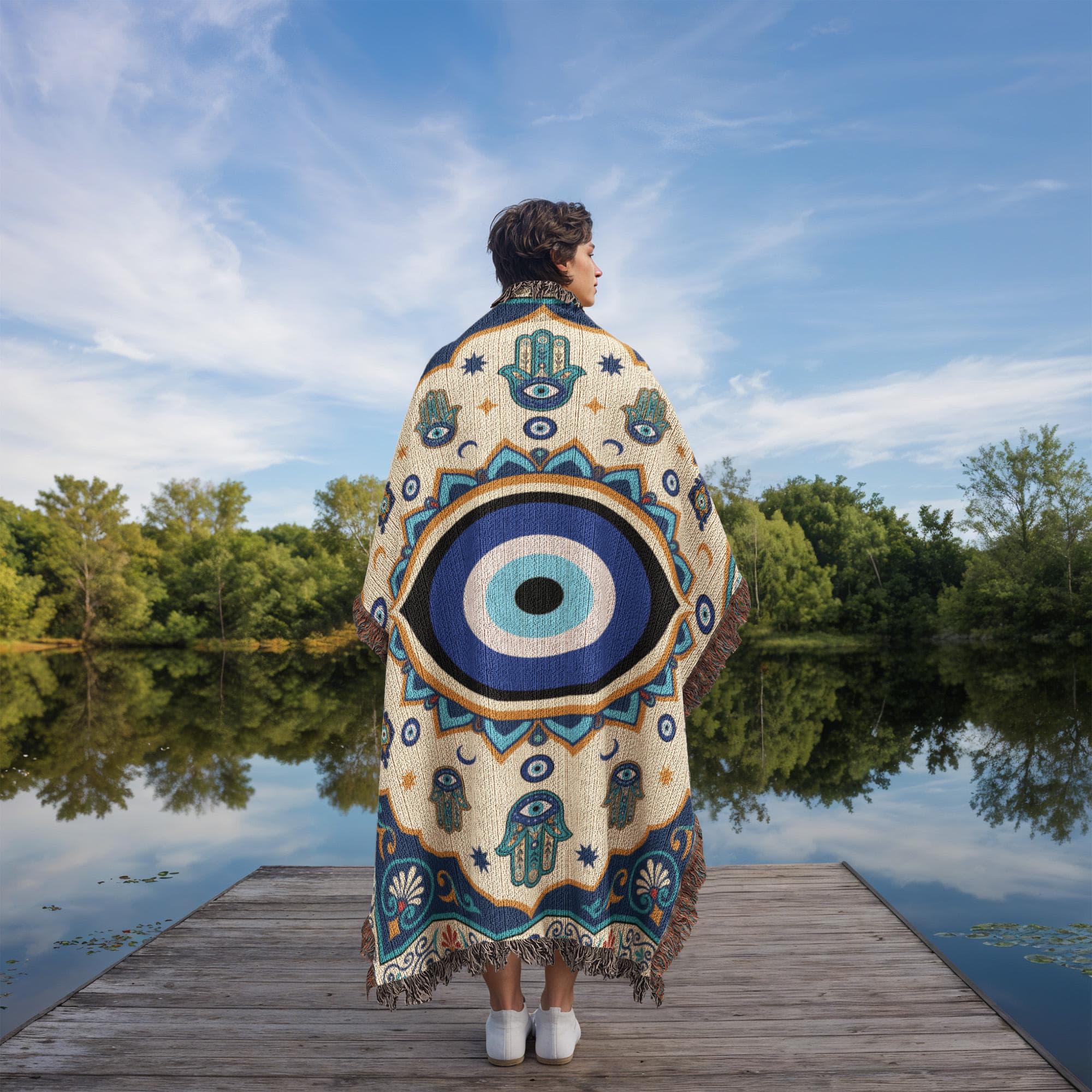 Evil Eye Hamsa Hand Protection Woven Cotton Blanket - Image 3