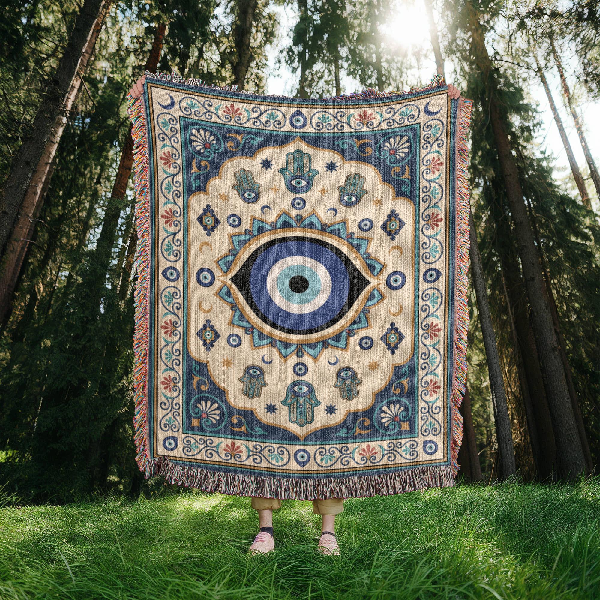 Evil Eye Hamsa Hand Protection Woven Cotton Blanket - Image 8