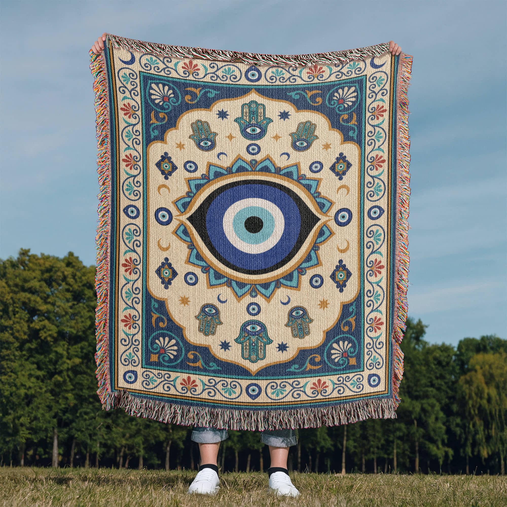 Evil Eye Hamsa Hand Protection Woven Cotton Blanket - Image 10