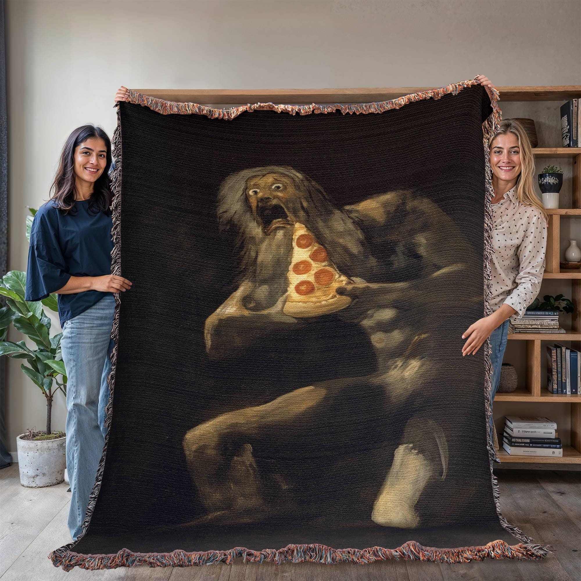 Saturn Devouring Pizza Funny Art Woven Cotton Blanket - Image 2