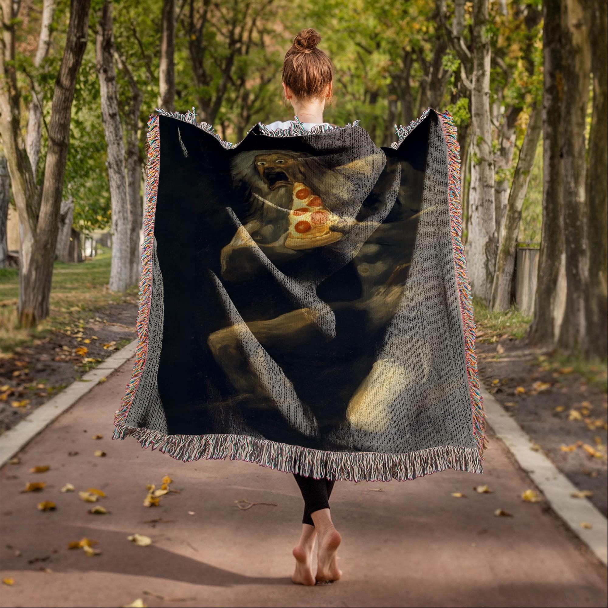 Saturn Devouring Pizza Funny Art Woven Cotton Blanket - Image 3