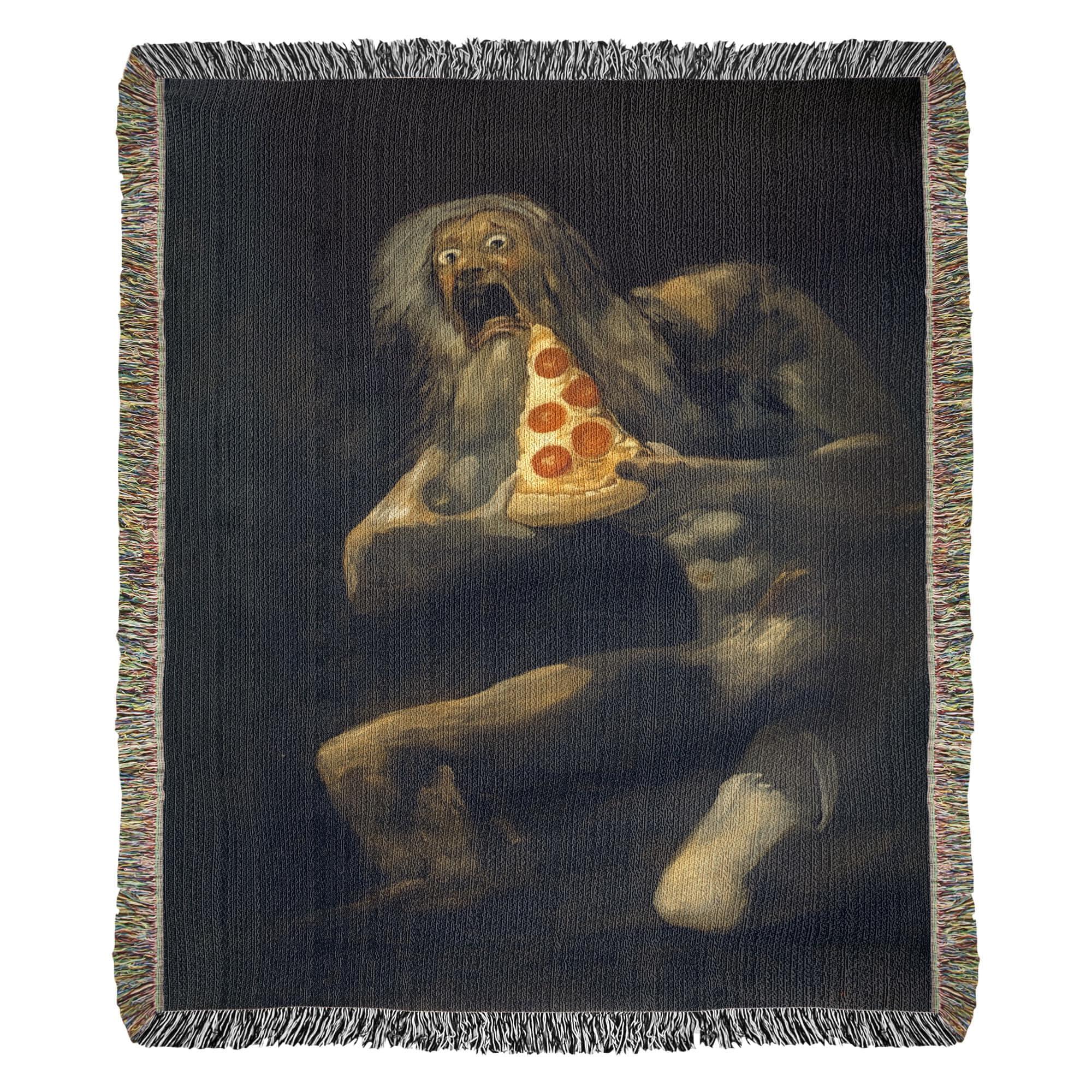 Saturn Devouring Pizza Funny Art Woven Cotton Blanket - Image 5