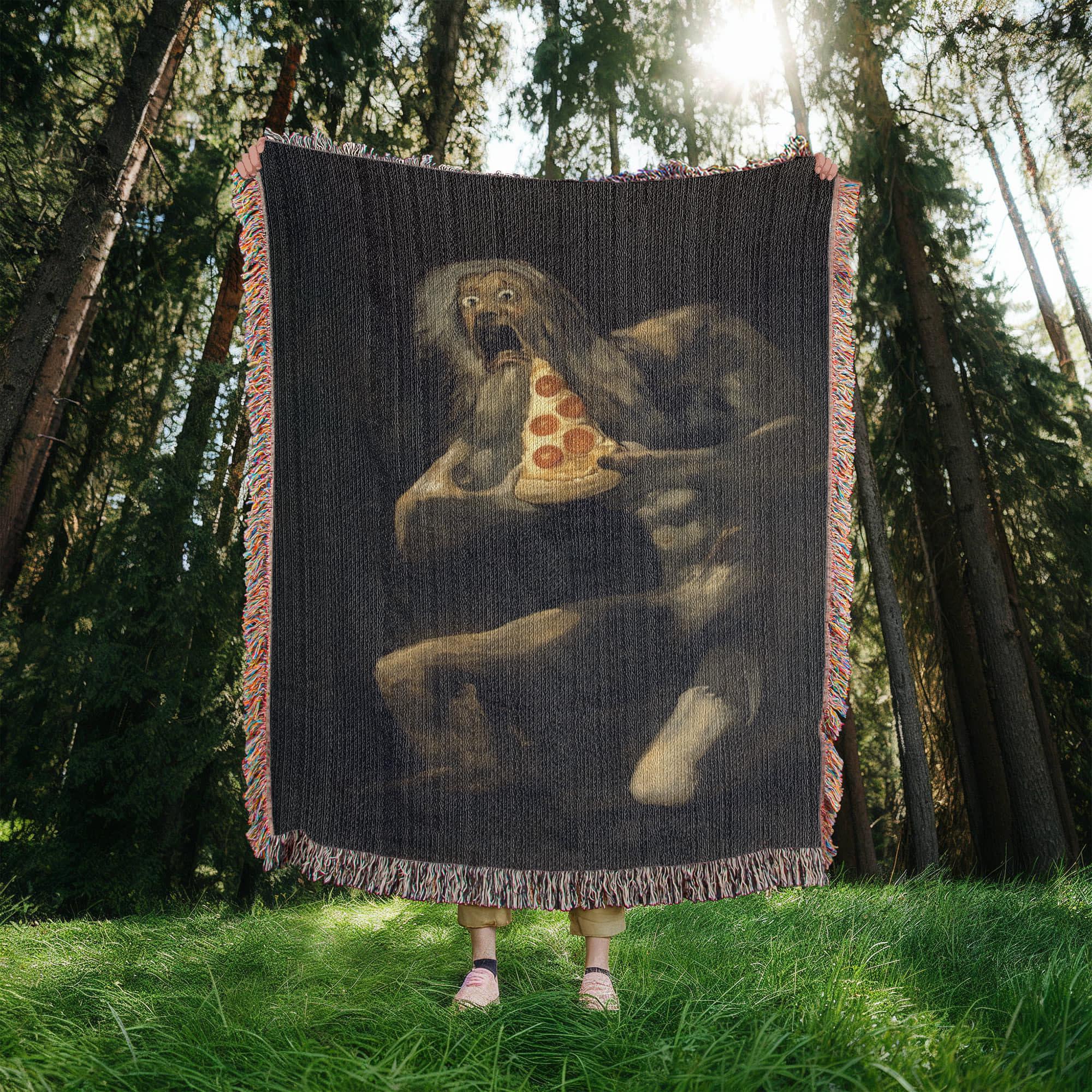 Saturn Devouring Pizza Funny Art Woven Cotton Blanket - Image 6