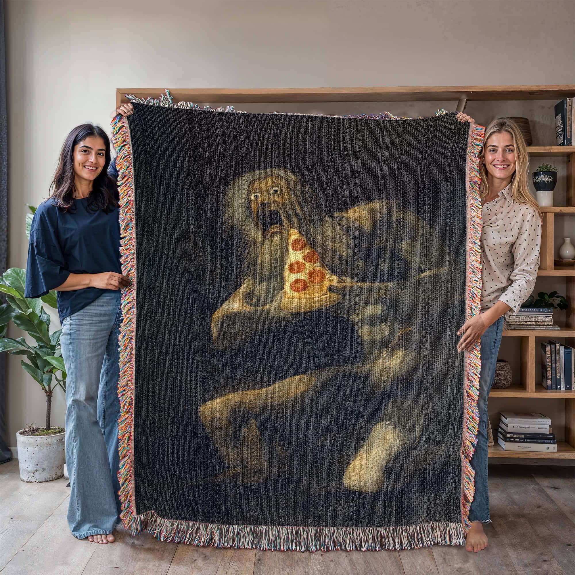 Saturn Devouring Pizza Funny Art Woven Cotton Blanket - Image 7