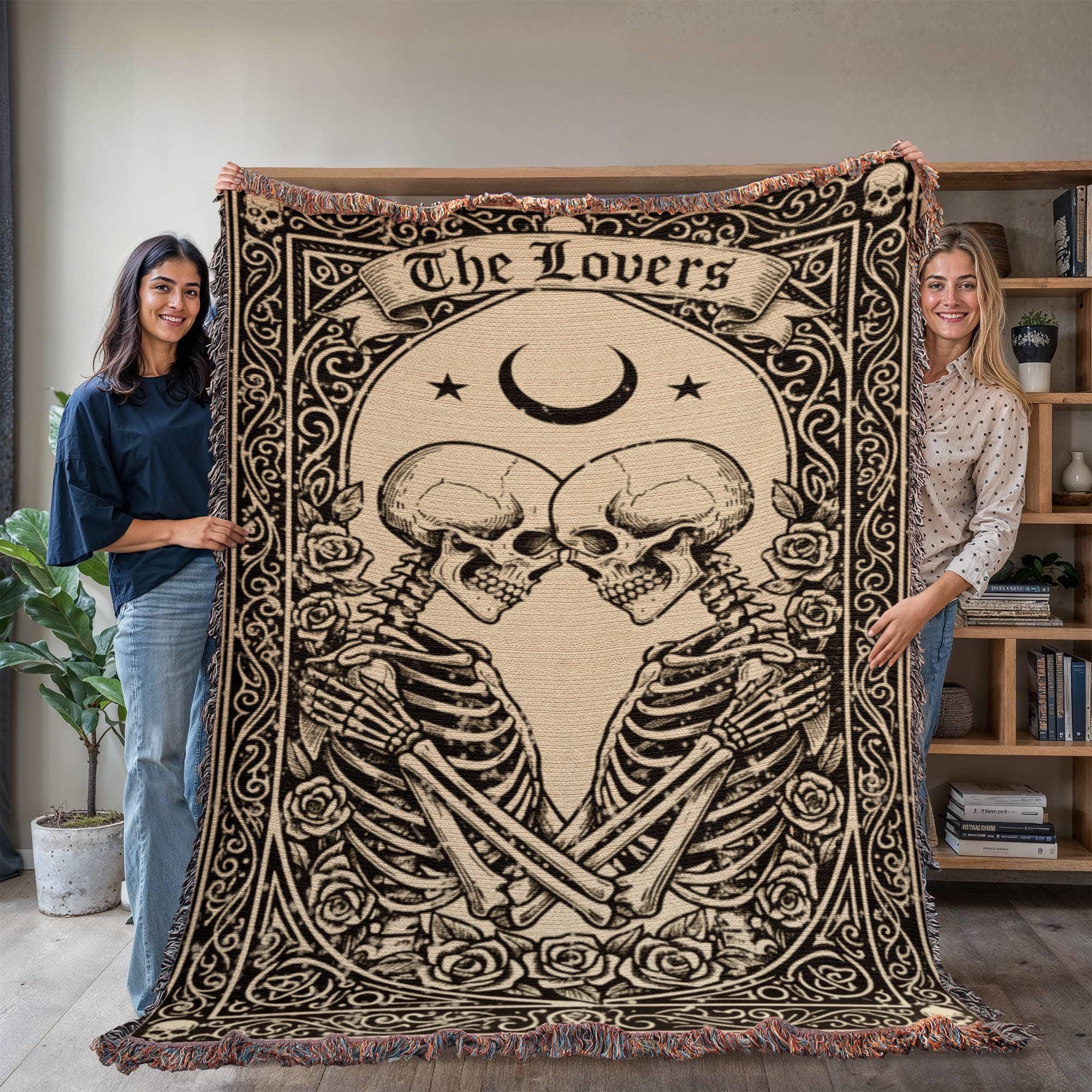 The Lovers Skeleton Gothic Tarot Card Woven Cotton Blanket - Image 5