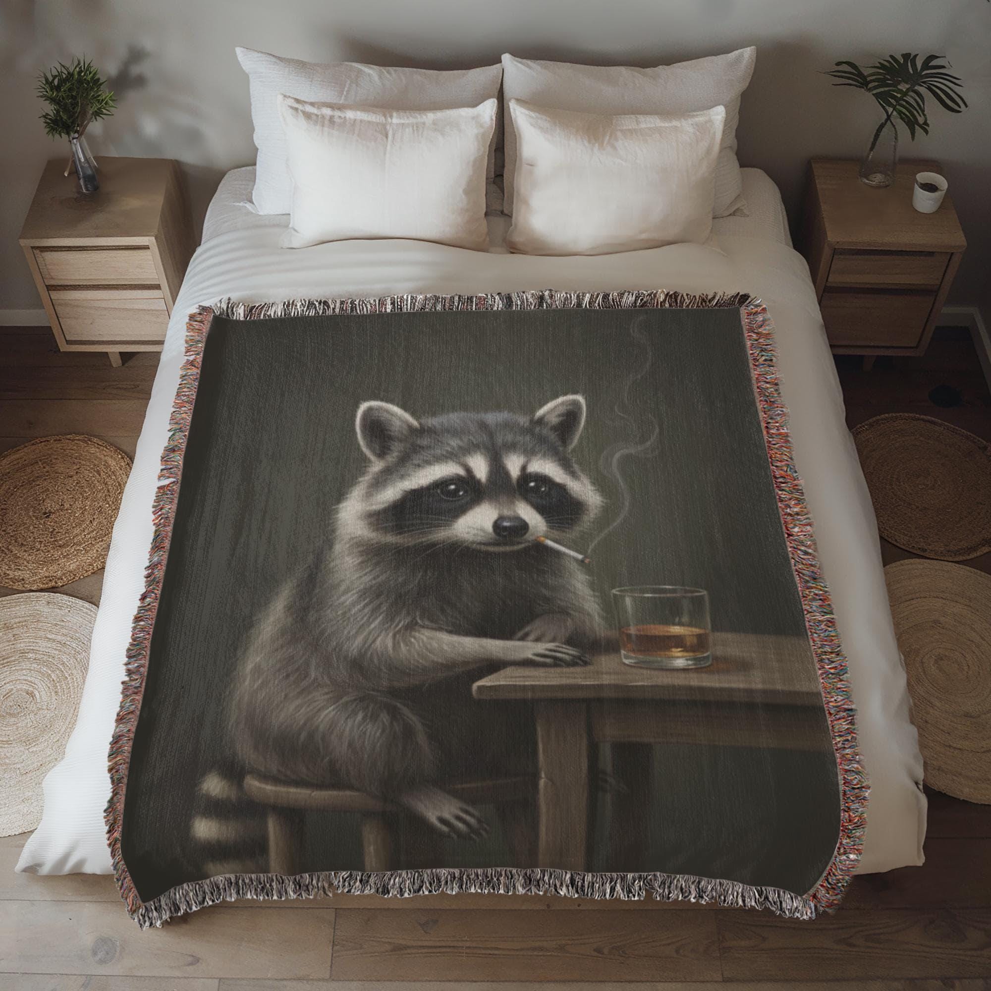 Funny Raccoon Drinking Trash Panda Woven Cotton Blanket - Image 4