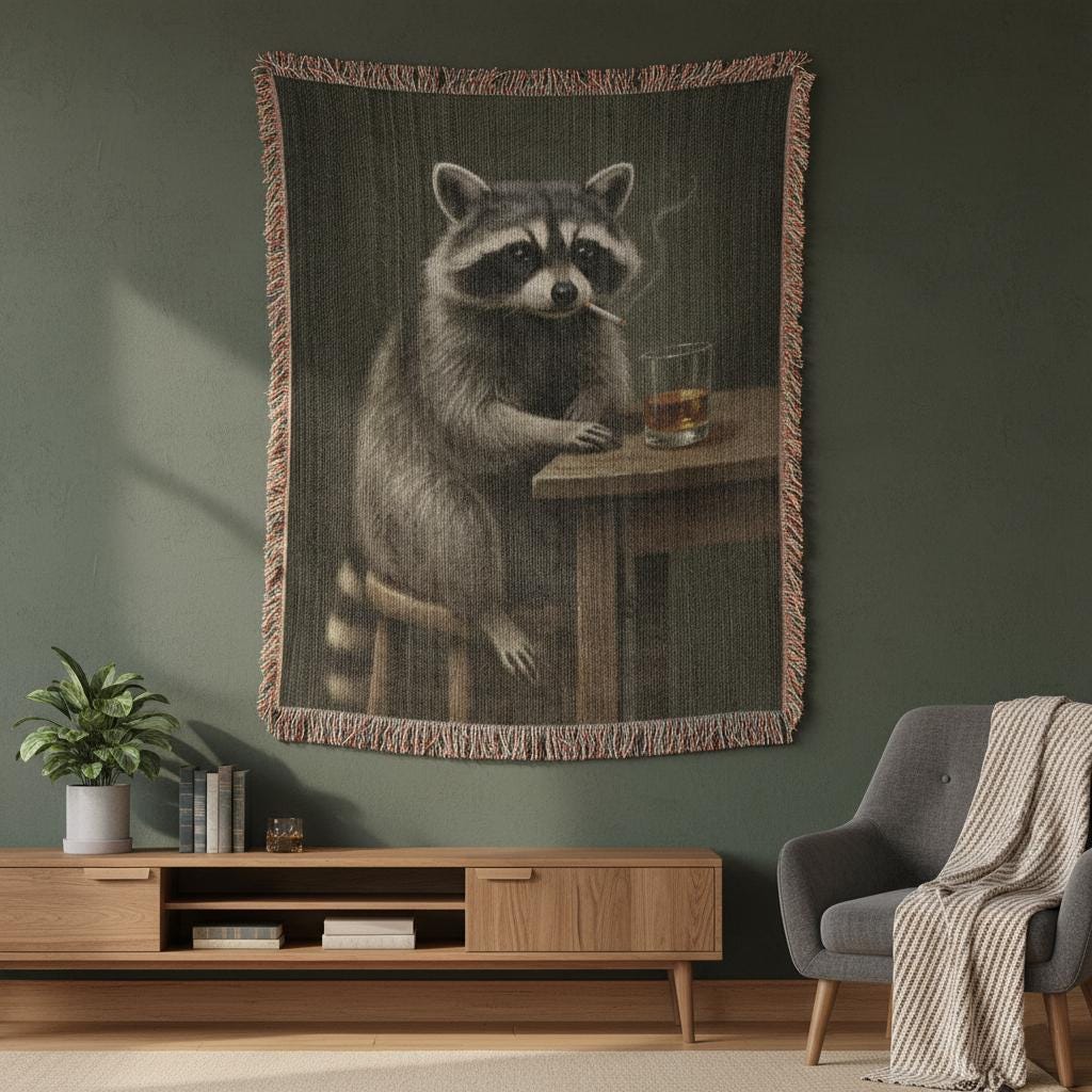 Funny Raccoon Drinking Trash Panda Woven Cotton Blanket