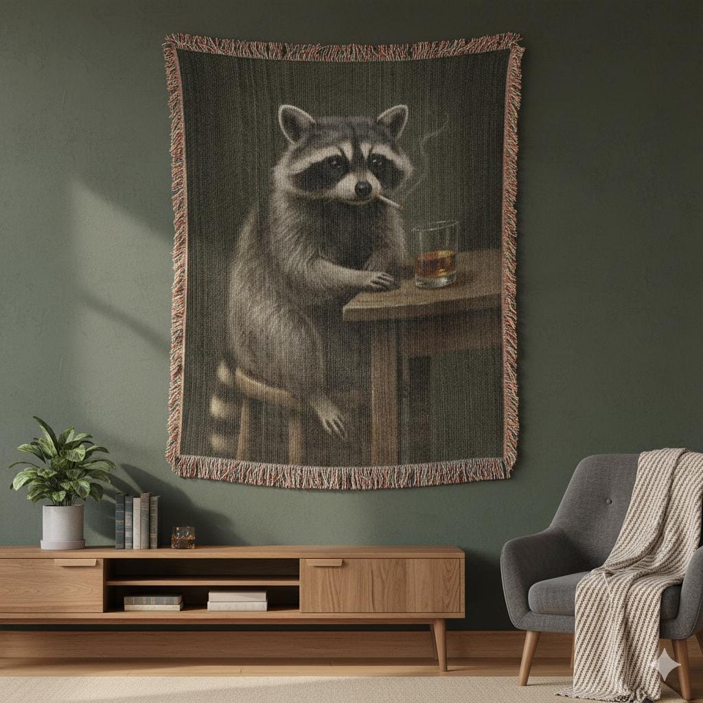 Funny Raccoon Drinking Trash Panda Woven Cotton Blanket - Image 2
