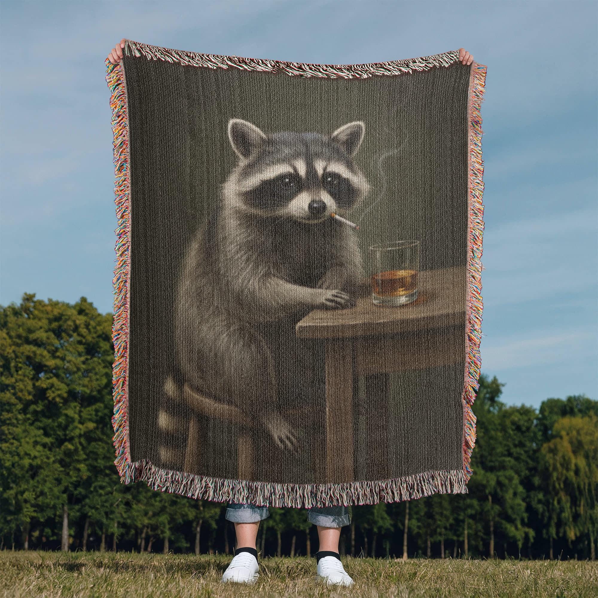 Funny Raccoon Drinking Trash Panda Woven Cotton Blanket - Image 10