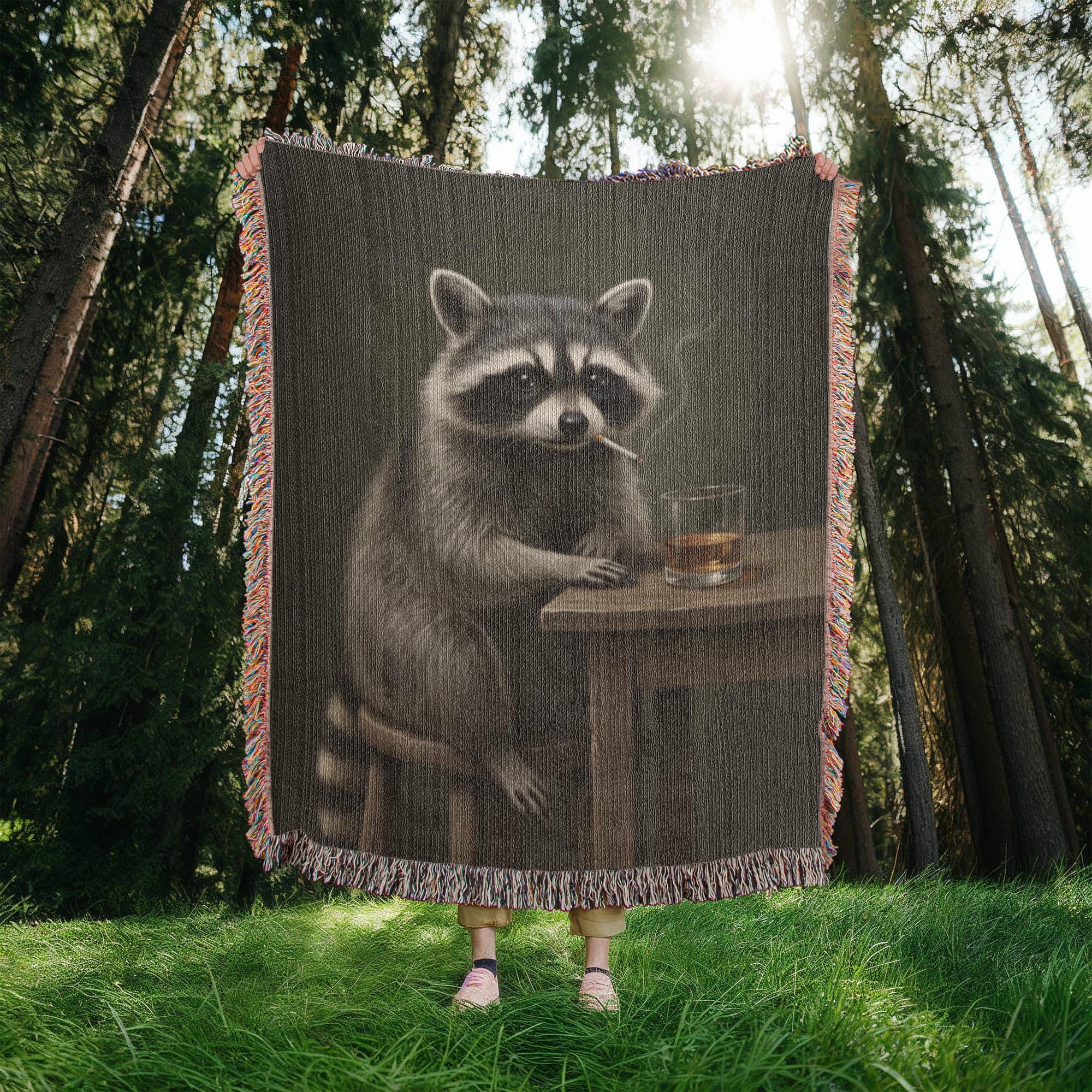 Funny Raccoon Drinking Trash Panda Woven Cotton Blanket - Image 8
