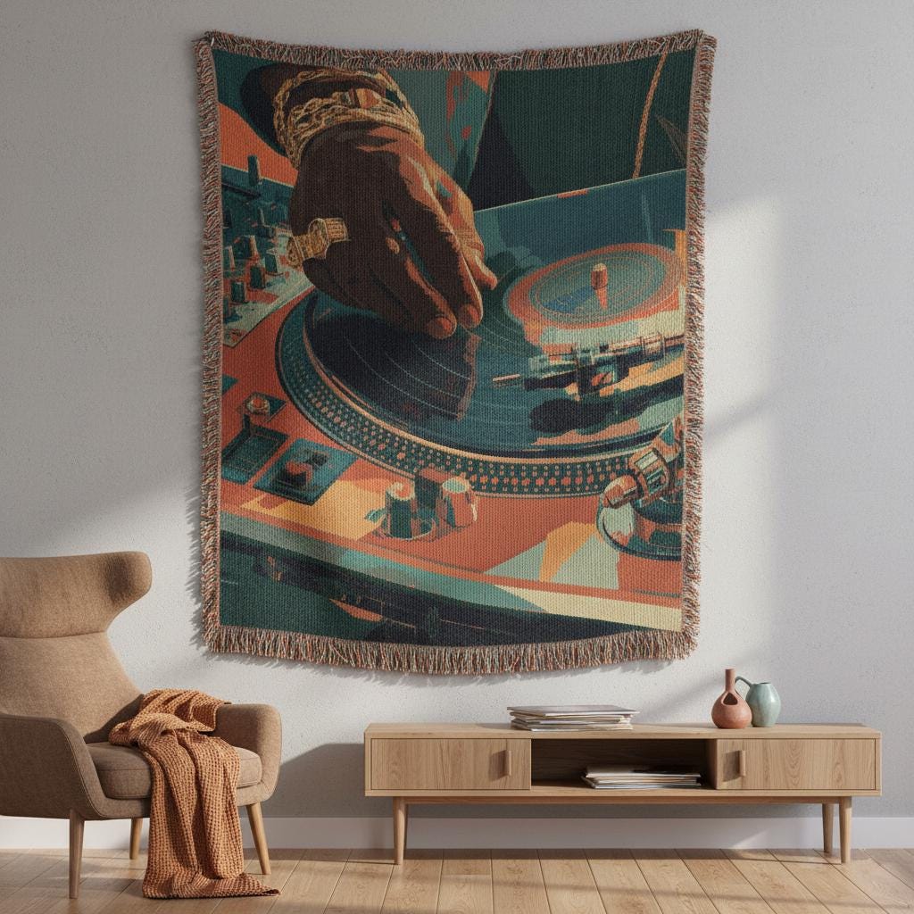 Retro DJ Turntable Vintage Hip-Hop Vinyl Record Woven Cotton Blanket