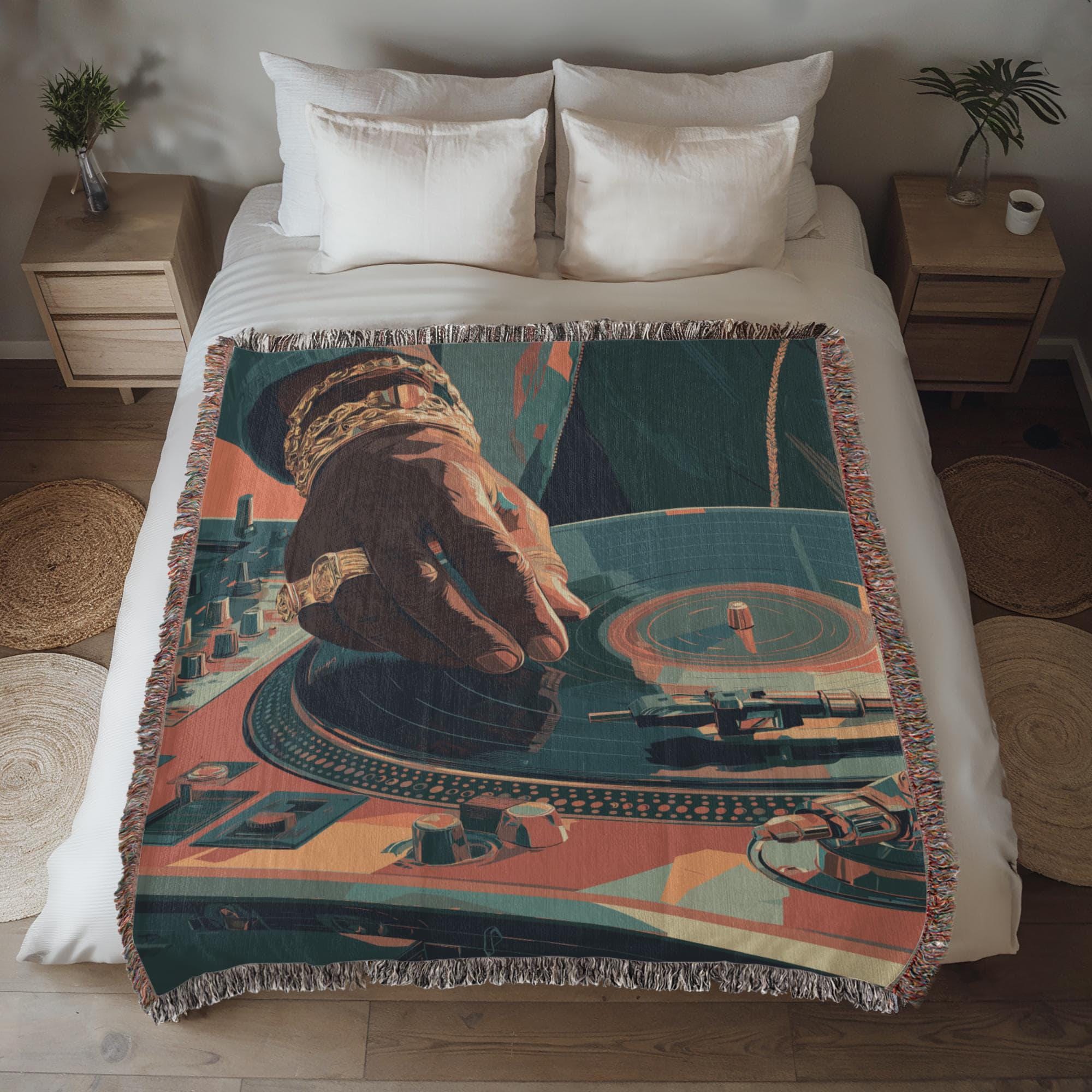 Retro DJ Turntable Vintage Hip-Hop Vinyl Record Woven Cotton Blanket - Image 6