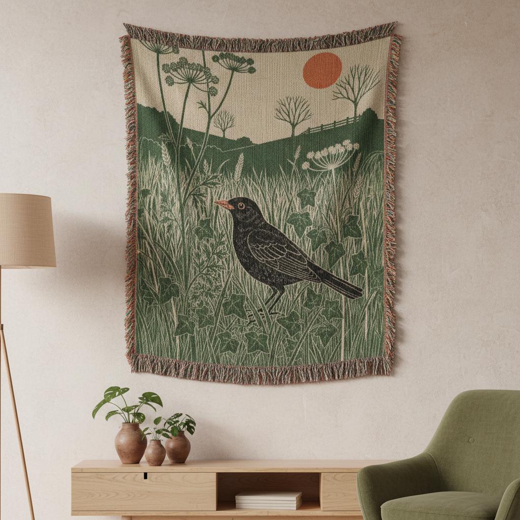 Blackbird Linocut-Style Botanical Nature Woven Cotton Blanket