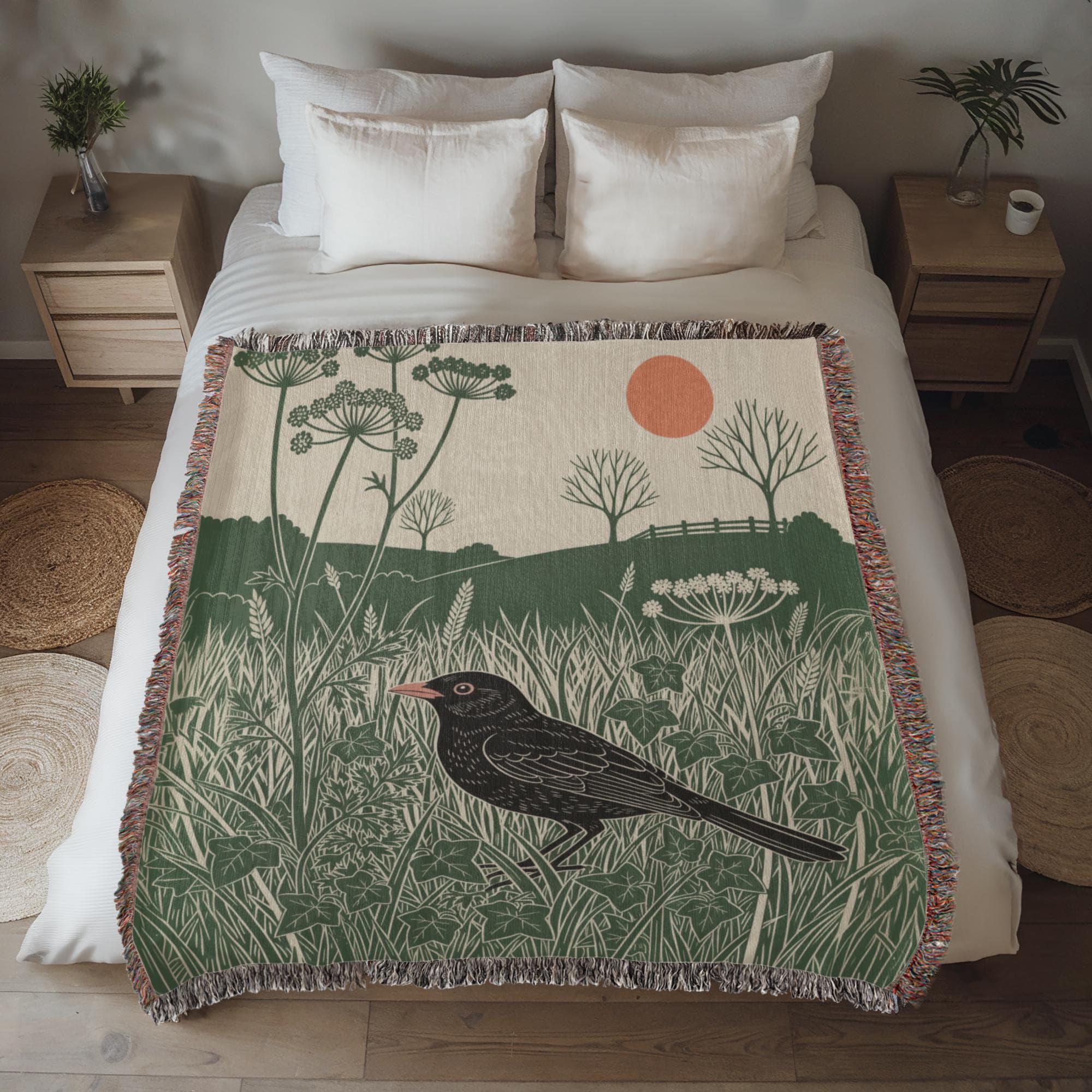 Blackbird Linocut-Style Botanical Nature Woven Cotton Blanket - Image 5