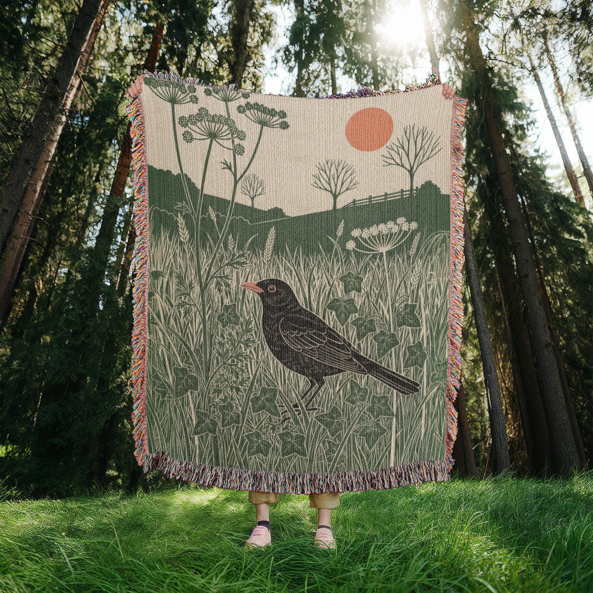 Blackbird Linocut-Style Botanical Nature Woven Cotton Blanket - Image 4