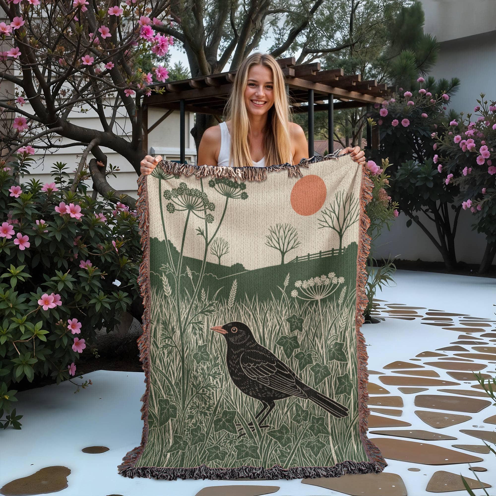 Blackbird Linocut-Style Botanical Nature Woven Cotton Blanket - Image 2