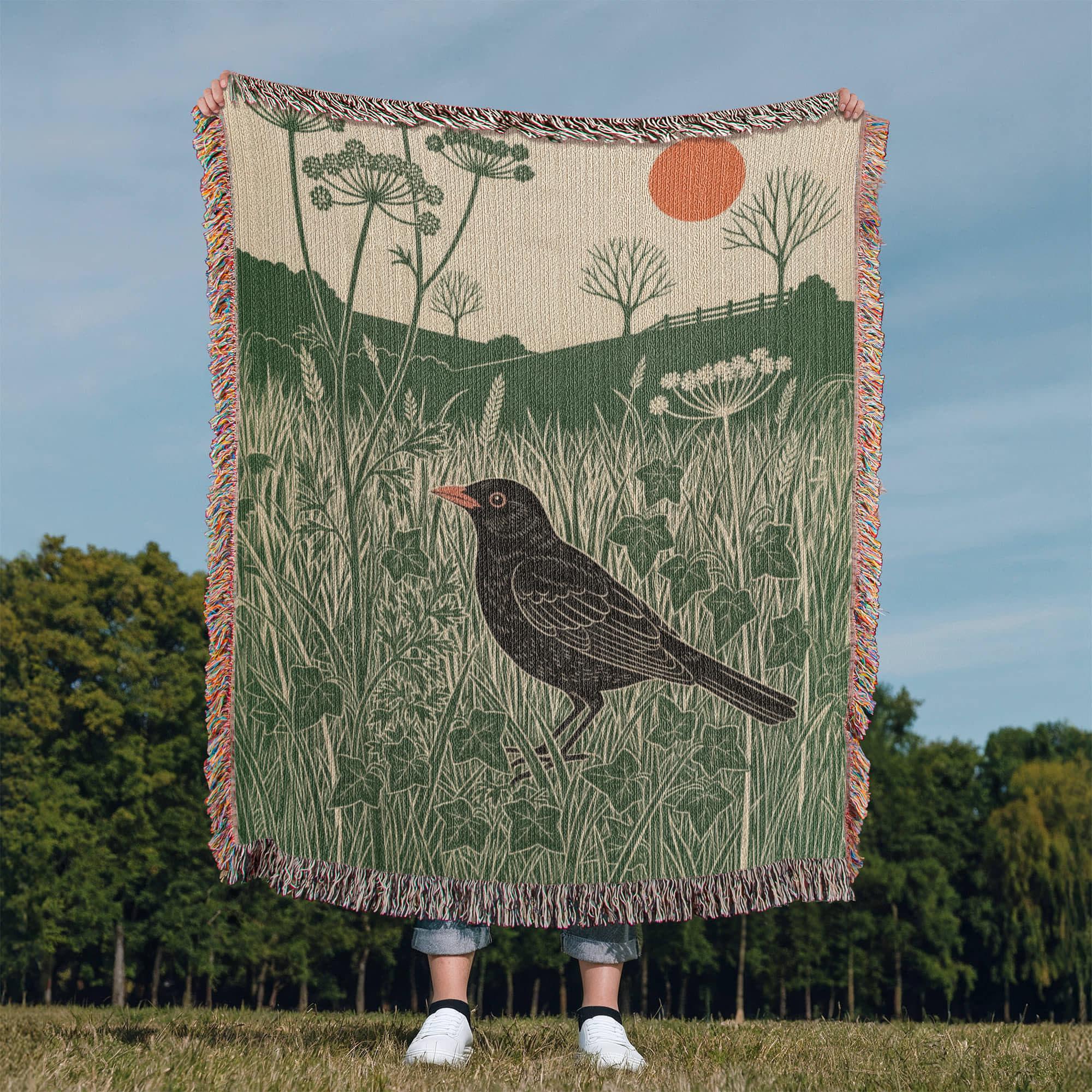 Blackbird Linocut-Style Botanical Nature Woven Cotton Blanket - Image 7