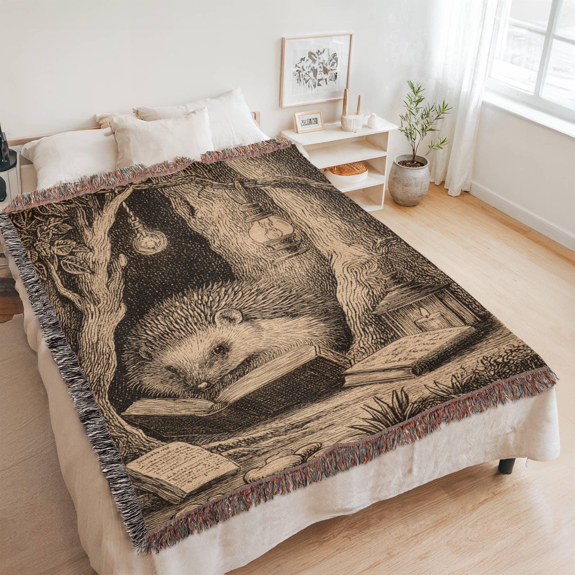 Hedgehog Reading Whimsical Forest Woven Cotton Blanket - Image 5