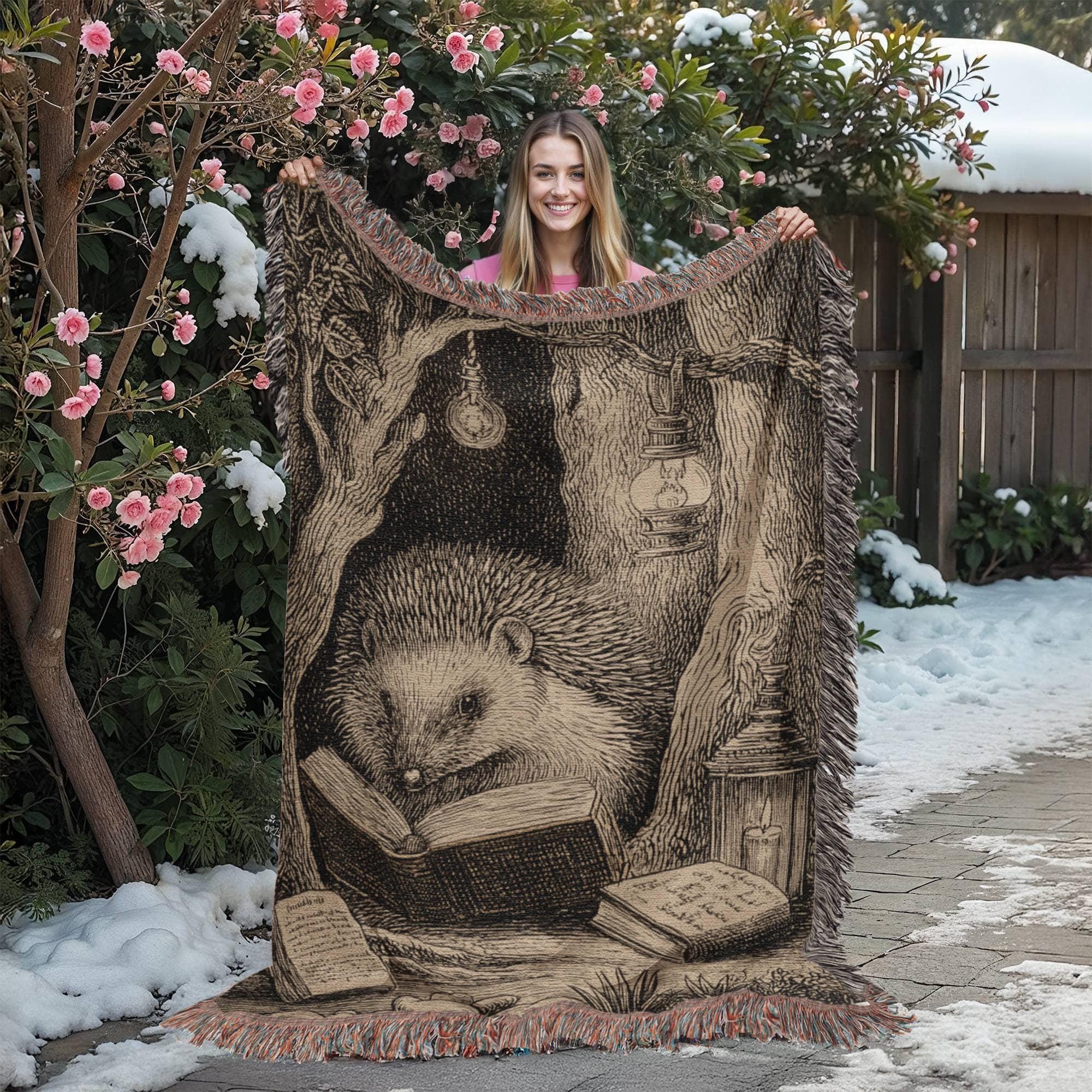 Hedgehog Reading Whimsical Forest Woven Cotton Blanket - Image 7