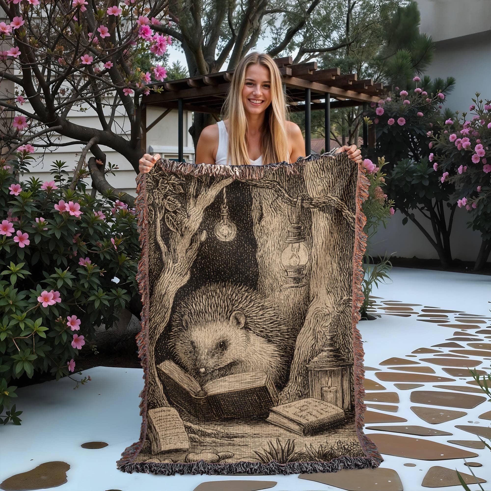 Hedgehog Reading Whimsical Forest Woven Cotton Blanket - Image 2