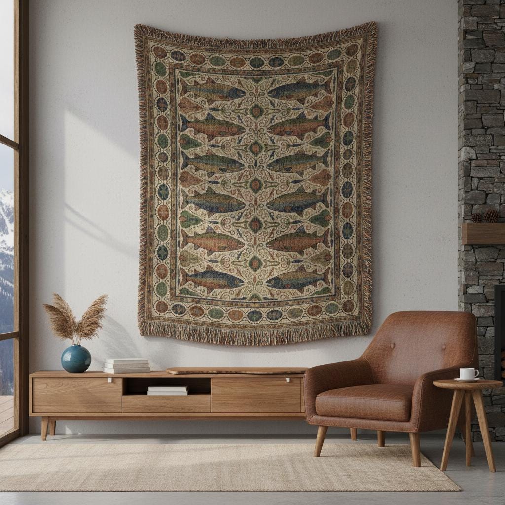 Vintage Trout and Salmon Rustic Mountain Fish Woven Cotton Blanket