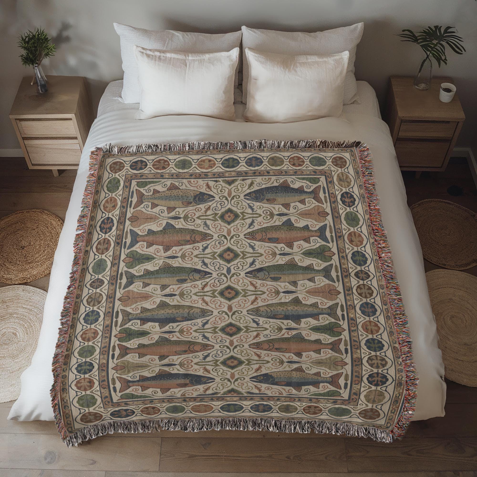 Vintage Trout and Salmon Rustic Mountain Fish Woven Cotton Blanket - Image 4