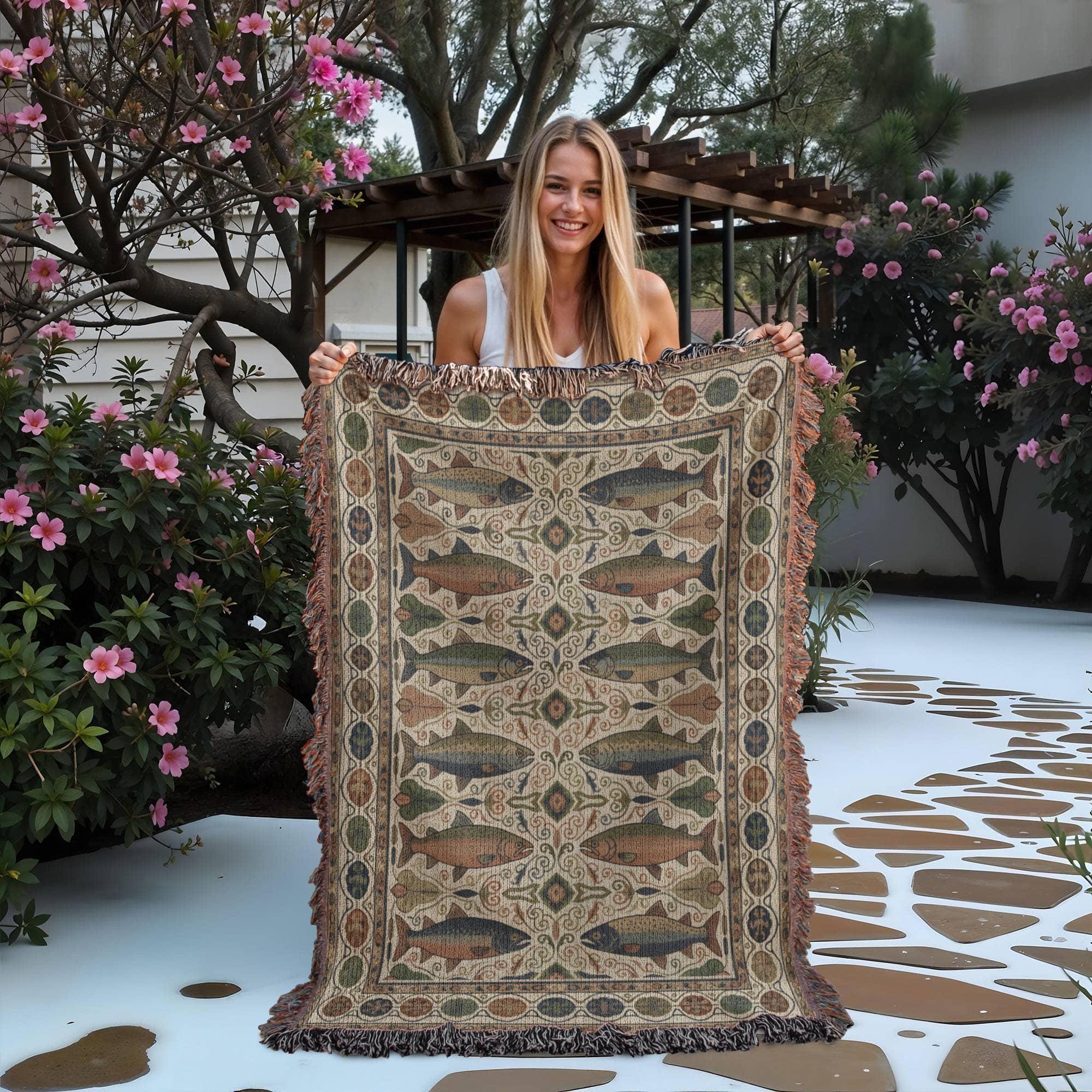 Vintage Trout and Salmon Rustic Mountain Fish Woven Cotton Blanket - Image 2