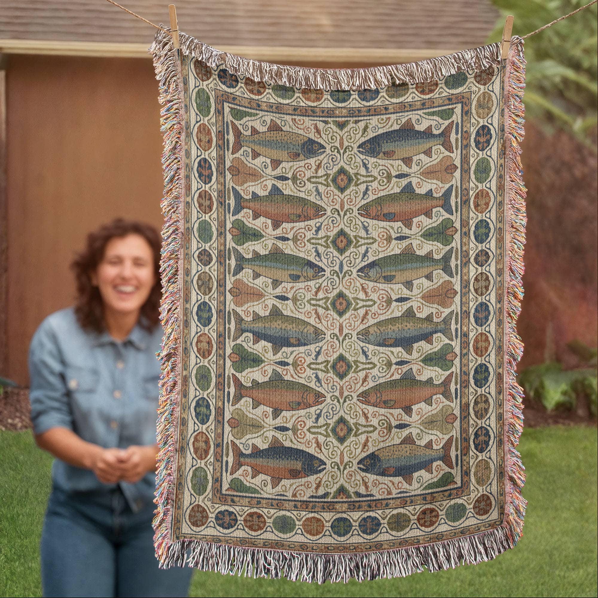 Vintage Trout and Salmon Rustic Mountain Fish Woven Cotton Blanket - Image 7