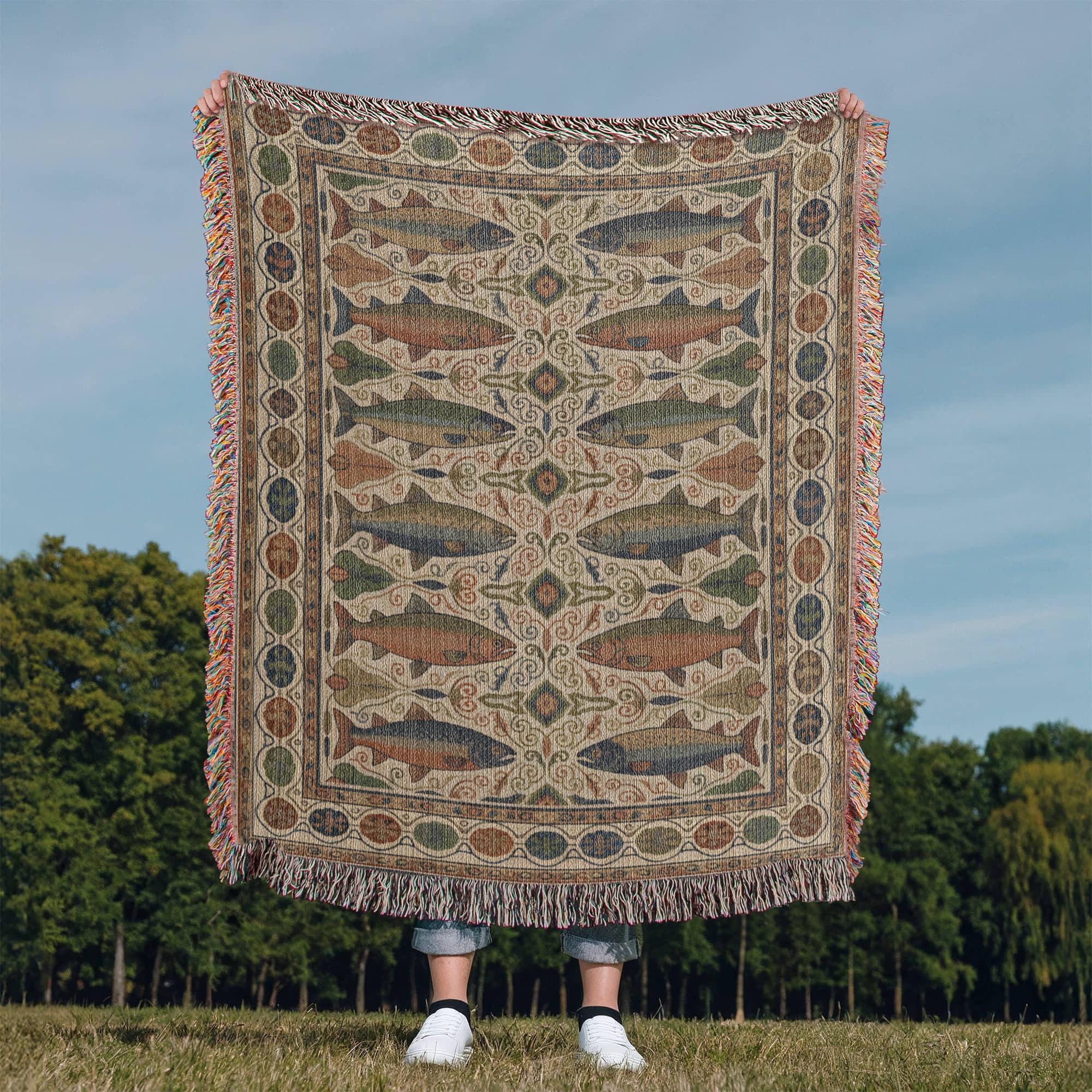 Vintage Trout and Salmon Rustic Mountain Fish Woven Cotton Blanket - Image 3