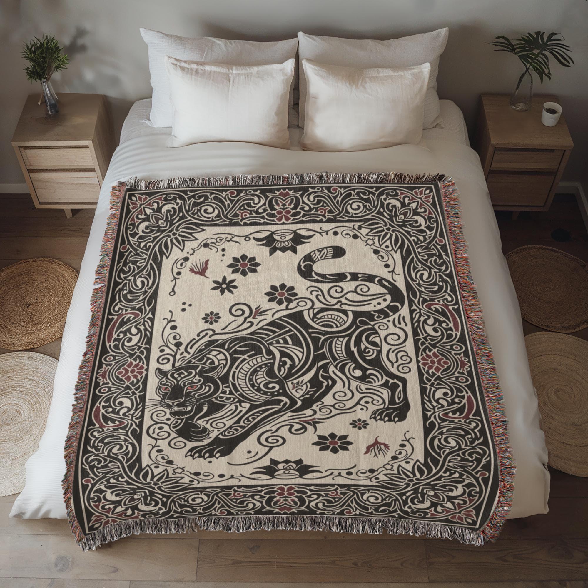 Black Panther Tattoo Tribal Folk Art Big Cat Woven Cotton Blanket - Image 3