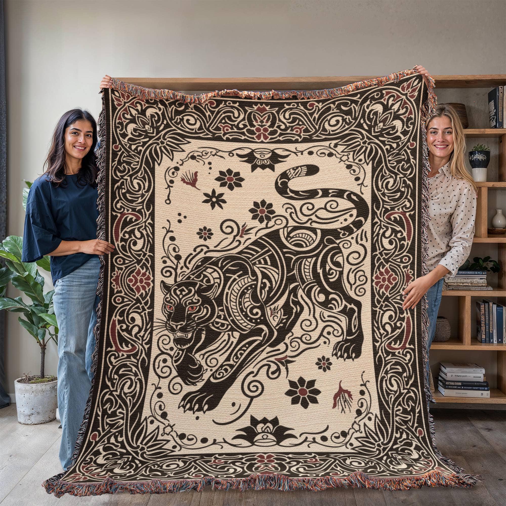 Black Panther Tattoo Tribal Folk Art Big Cat Woven Cotton Blanket - Image 8