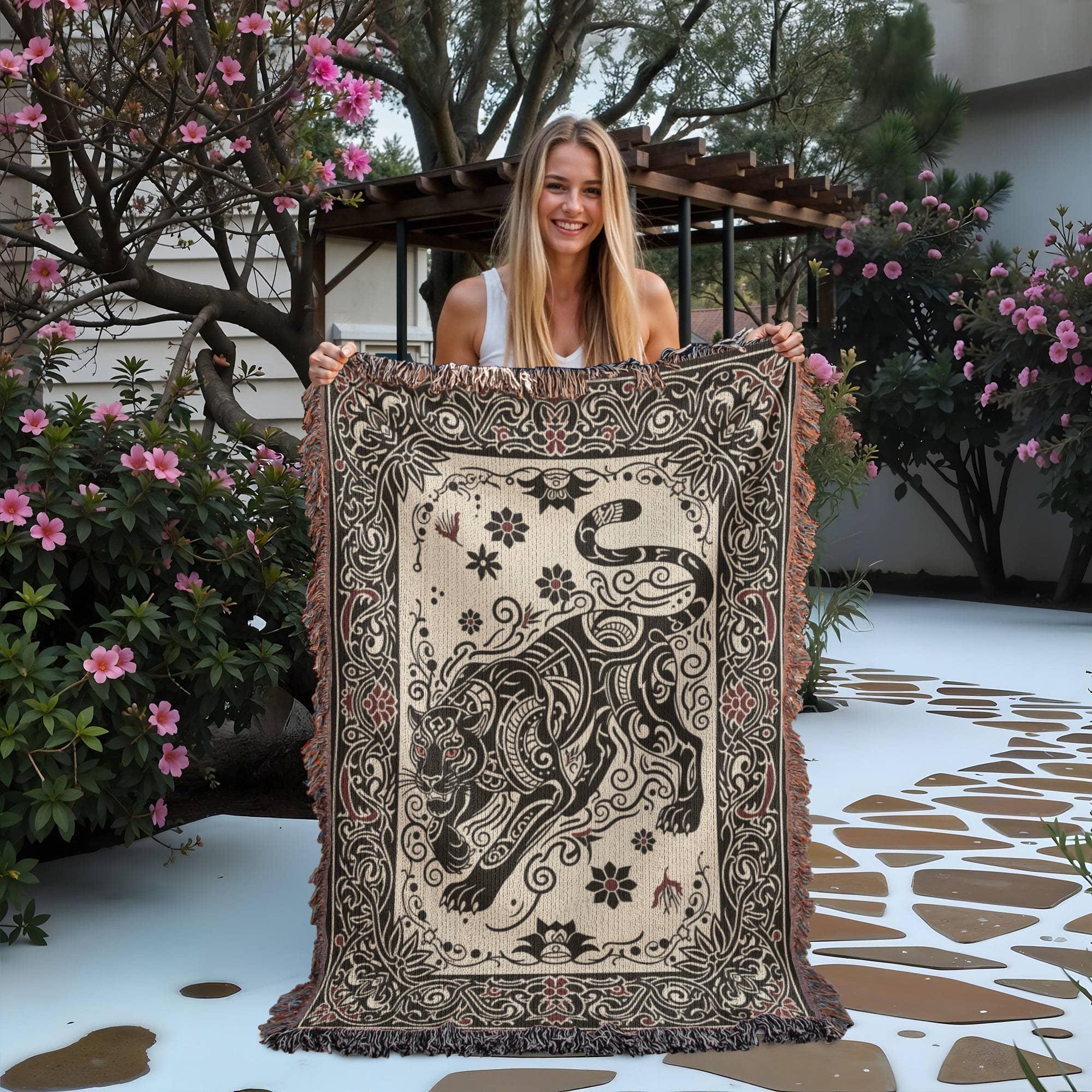 Black Panther Tattoo Tribal Folk Art Big Cat Woven Cotton Blanket - Image 2