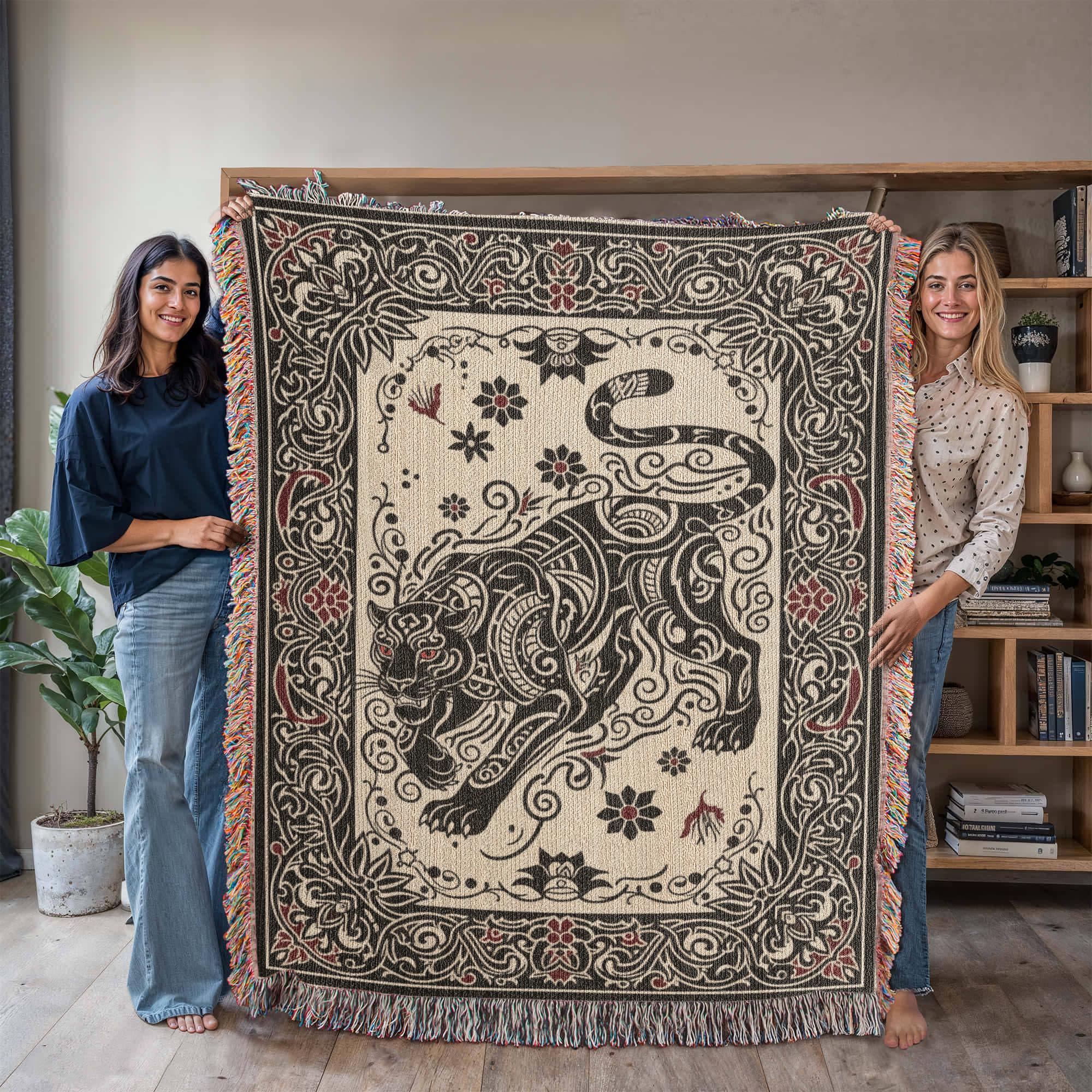 Black Panther Tattoo Tribal Folk Art Big Cat Woven Cotton Blanket - Image 5