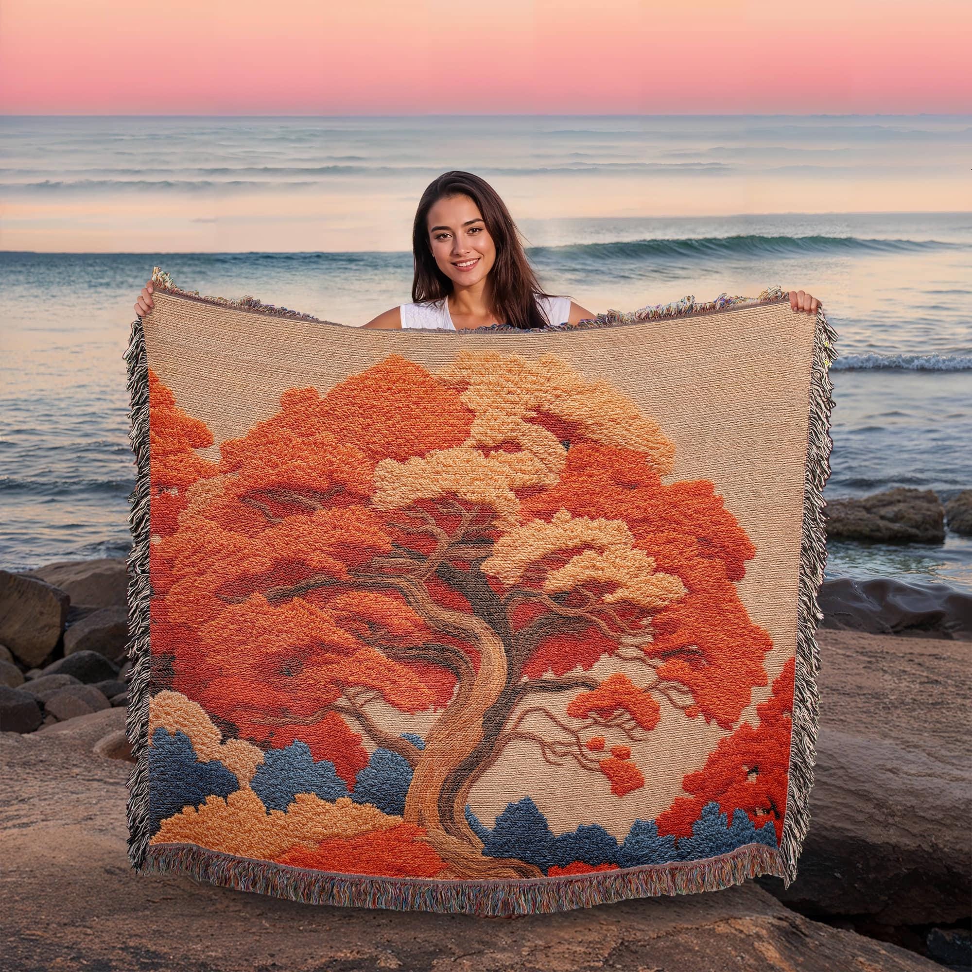 Autumn Tree Japanese Maple Zen Woven Cotton Blanket - Image 8