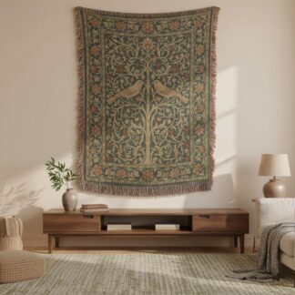 Lovebirds Vintage William Morris Style Woven Cotton Blanket