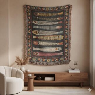 Vintage Sardines Folk Art Vintage Fish Woven Cotton Blanket