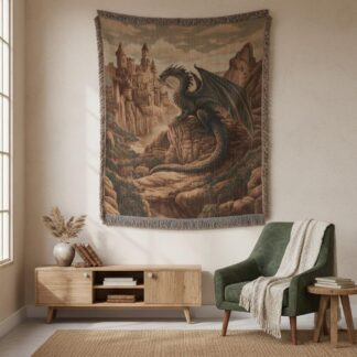 Dragon and Castle Medieval Fantasy Art Woven Cotton Blanket