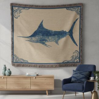 Japanese Gyotaku Marlin Blue Fish Woven Cotton Blanket