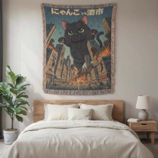 Kaiju Cat Retro Japanese Anime Catzilla Woven Cotton Blanket
