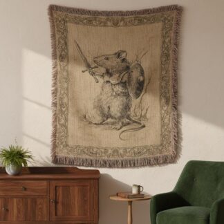 Mouse with sword and shield Woven Cotton Blanket