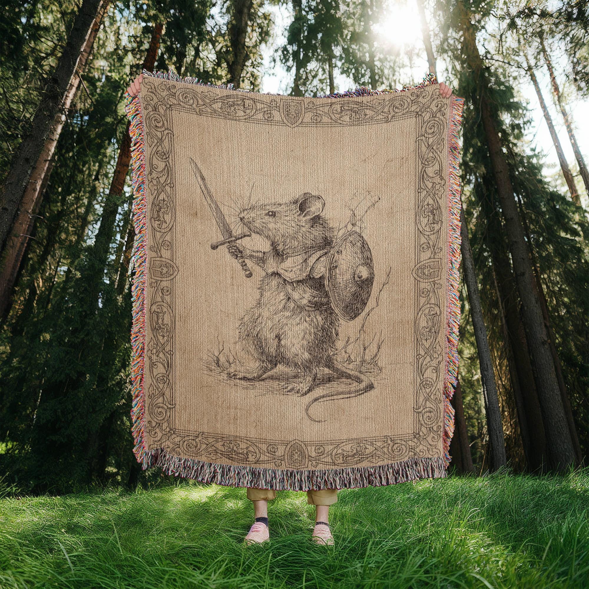 Mouse with sword and shield Woven Cotton Blanket - Image 6