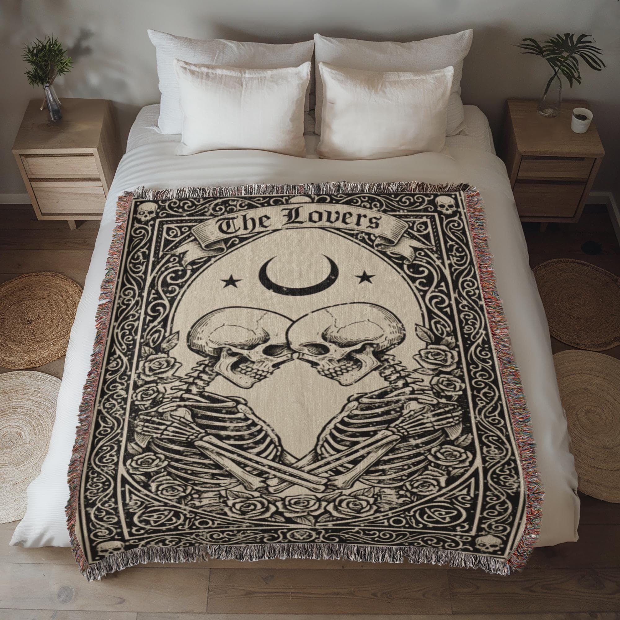 The Lovers Skeleton Gothic Tarot Card Woven Cotton Blanket - Image 4