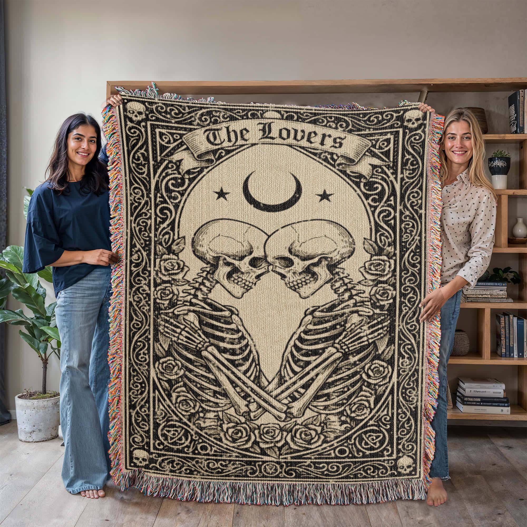 The Lovers Skeleton Gothic Tarot Card Woven Cotton Blanket - Image 7