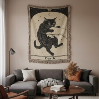 Funny Black Cat Tarot Death Card Cat Mom Gift Woven Cotton Blanket