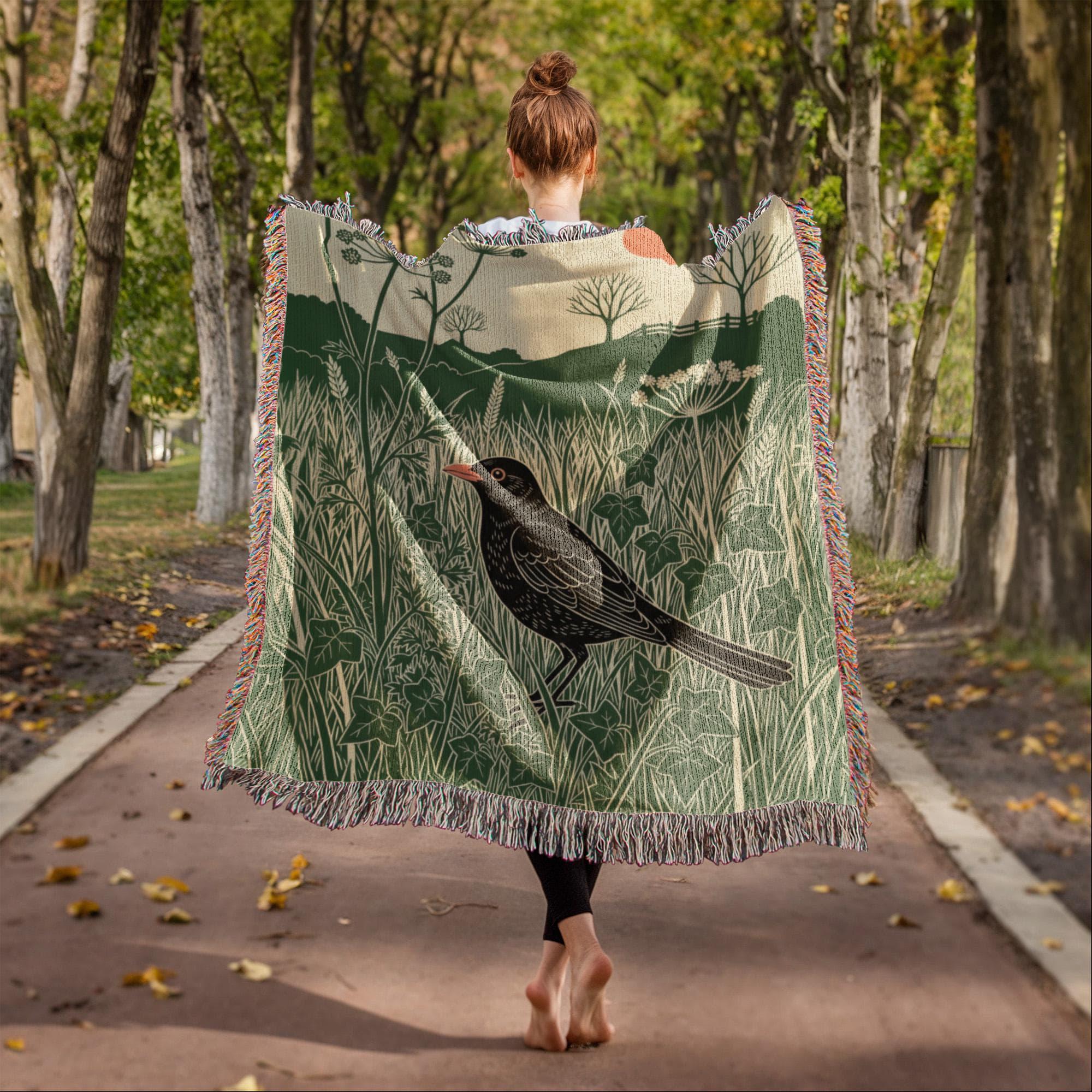 Blackbird Linocut-Style Botanical Nature Woven Cotton Blanket - Image 3