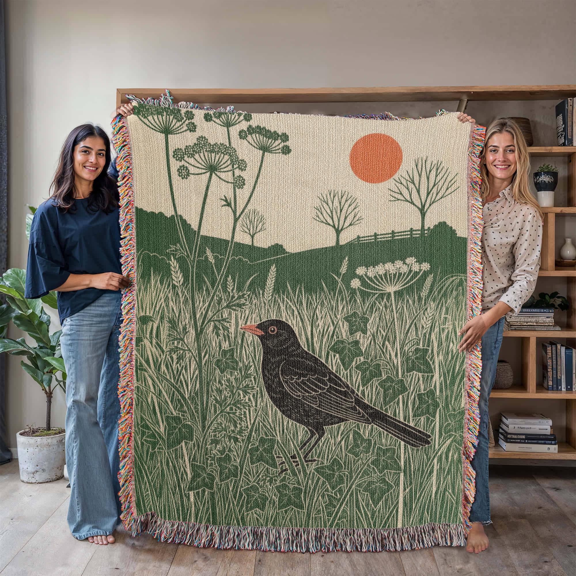 Blackbird Linocut-Style Botanical Nature Woven Cotton Blanket - Image 6