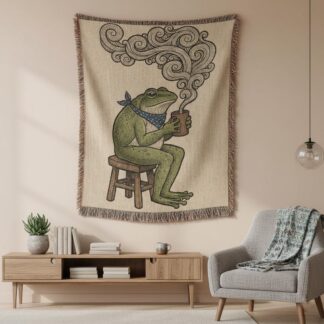 Whimsical Frog Drinking Coffee Toad Woven Cotton Blanket