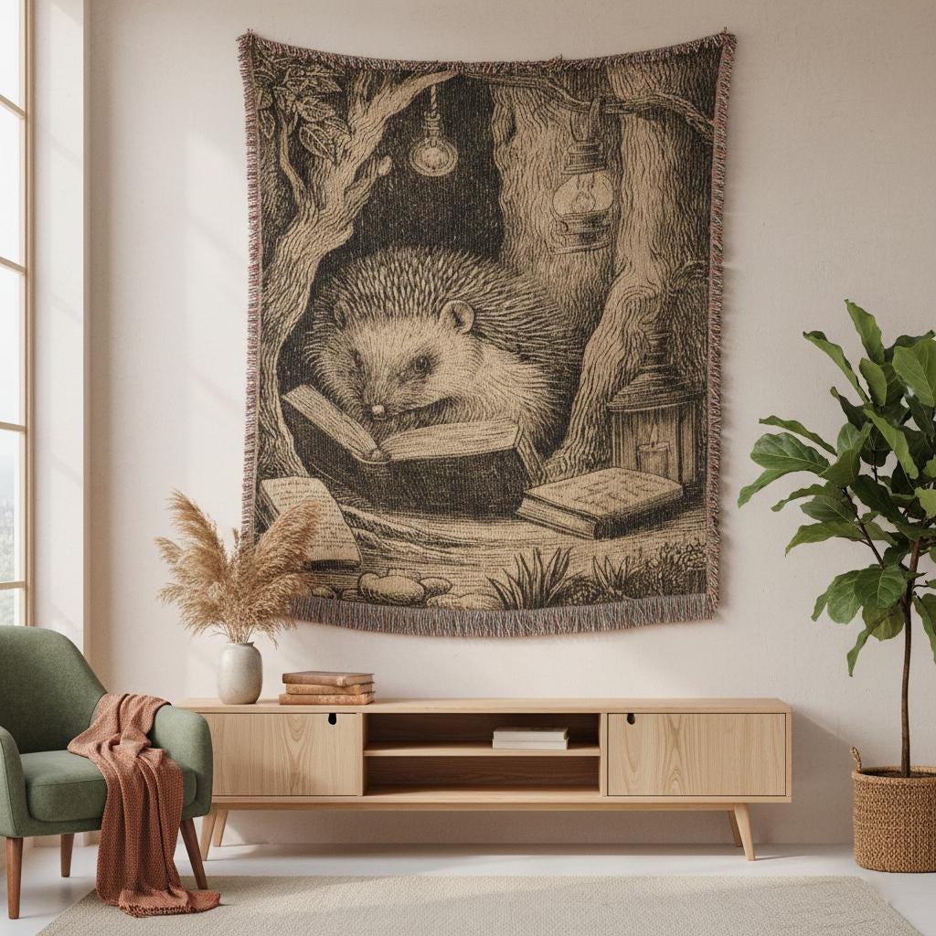 Hedgehog Reading Whimsical Forest Woven Cotton Blanket
