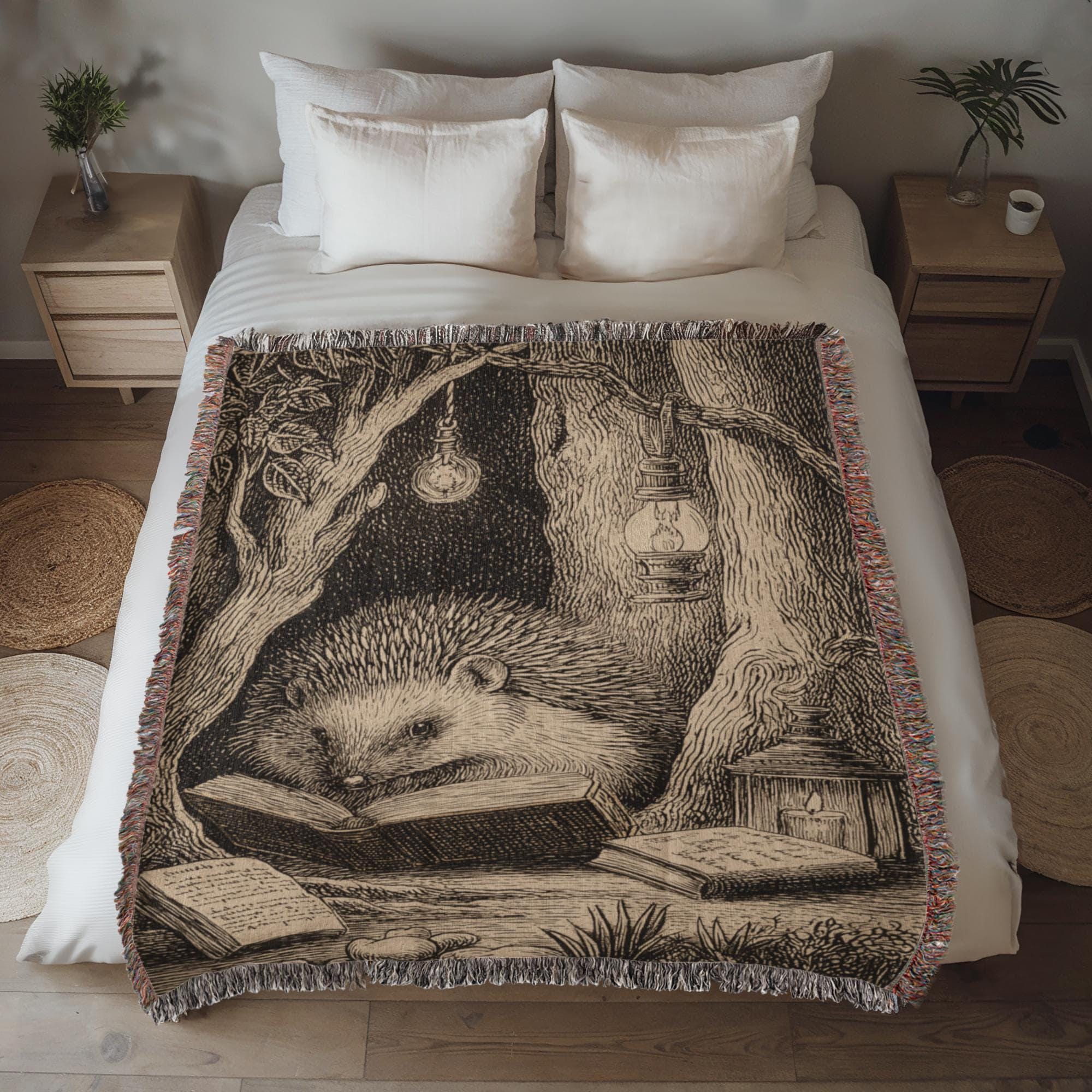 Hedgehog Reading Whimsical Forest Woven Cotton Blanket - Image 8