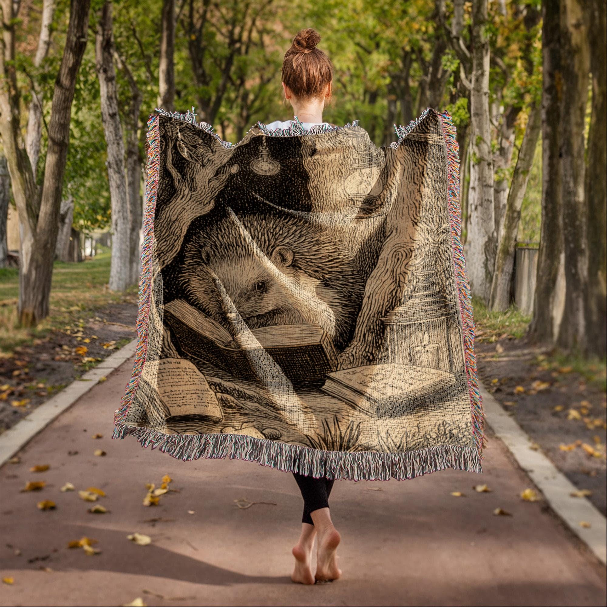 Hedgehog Reading Whimsical Forest Woven Cotton Blanket - Image 3